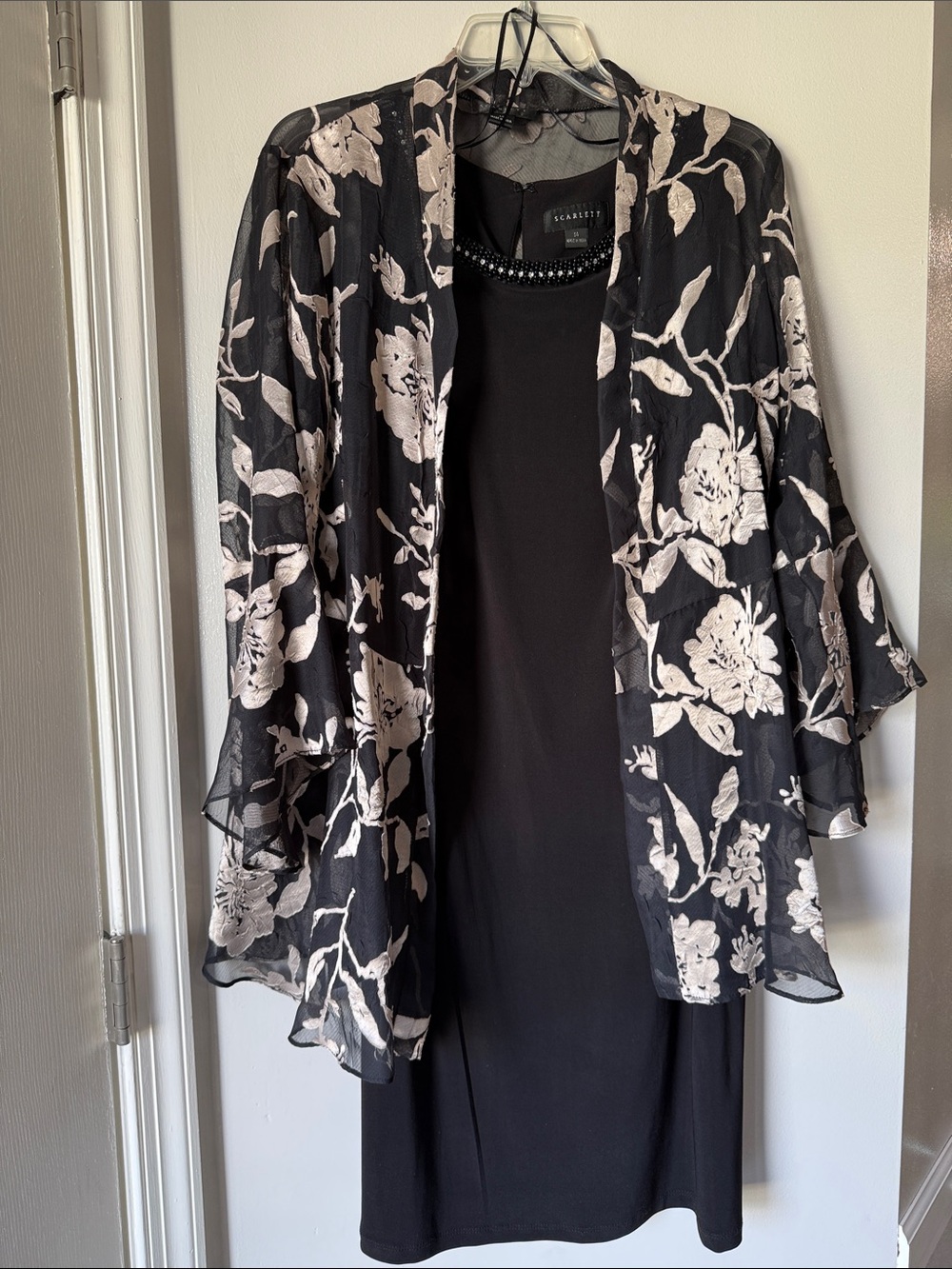 Scarlett Black Dress with creamy gold Floral Sheer Jacket